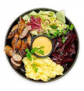 Burrito bowl with grilled pork sausages and beet salsa